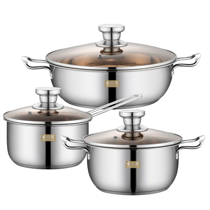 Shengbide 3-Piece Kitchen Cookware Set, 16cm 18cm 24cm Stainless Steel Pots, Uncoated Interior, Modern Design for Daily Cooking and Gifting