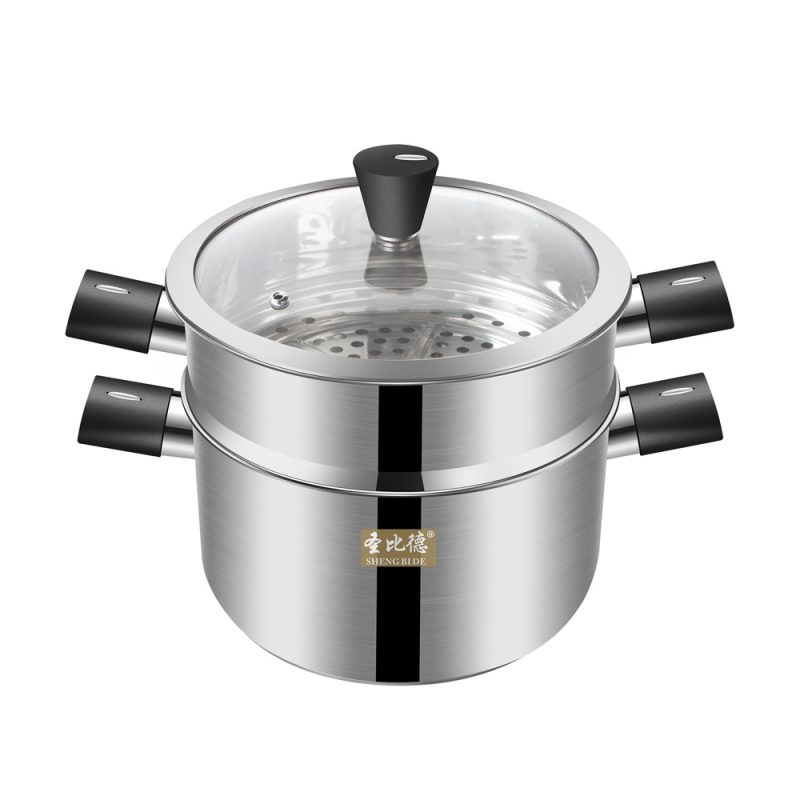 SHENG BI DE 26cm Stainless Steel Steamer Pot, Double-Layer Food Steamer with Tempered Glass Lid, Heavy-Duty Encapsulated Base, Polished Finish, Large Capacity for 3-4 People, Induction & Gas Compatible