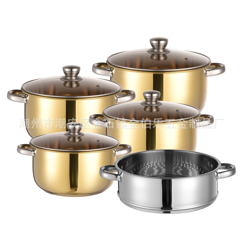 Modern Gold Stainless Steel Cookware Set, 8-Piece or 9-Piece (Includes Stainless Steel Steamer) Nesting Pots with Glass Lids, 20-28cm Double-Handle Soup & Stockpots, Space-Saving Stackable Design for Induction, Gift Set