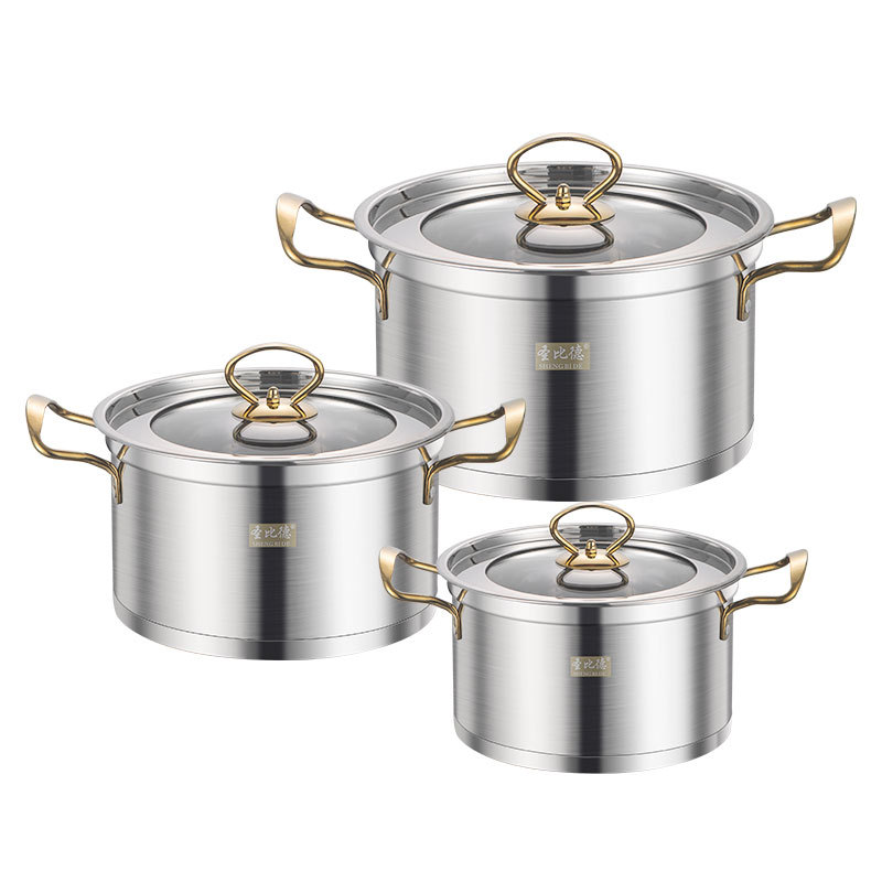 Shengbide® European Style Stainless Steel Soup Pot 6-Piece Set – Titanium Gold Handles & Tempered Glass Lids