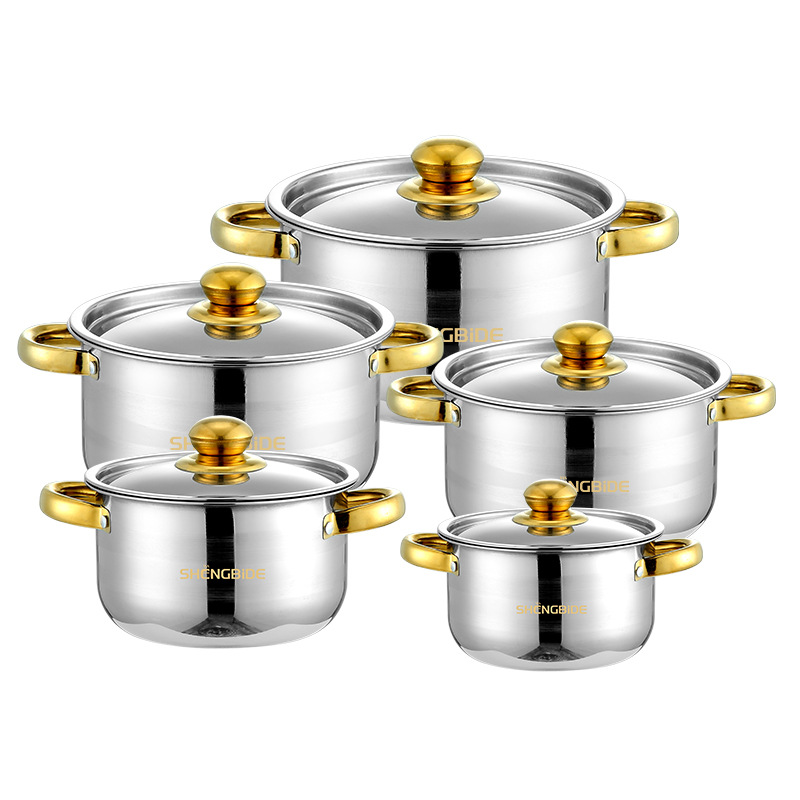 Thickened 10-Piece Stainless Steel Pot Set, Gold Handle Double Ear Soup Stock Pots with Metal Lids, Durable Kitchen Cooking Set