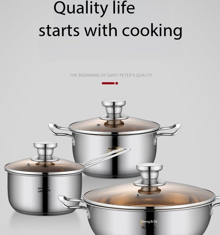 SHENG BI DE 3-Piece Stainless Steel Cookware Set (16cm Milk Pan, 18cm Saucepan, 24cm Hot Pot), Tri-Ply Encapsulated Base, Full Steel Handles, Tempered Glass Lids, Healthy Non-Coated Kitchen Pots for All Stoves