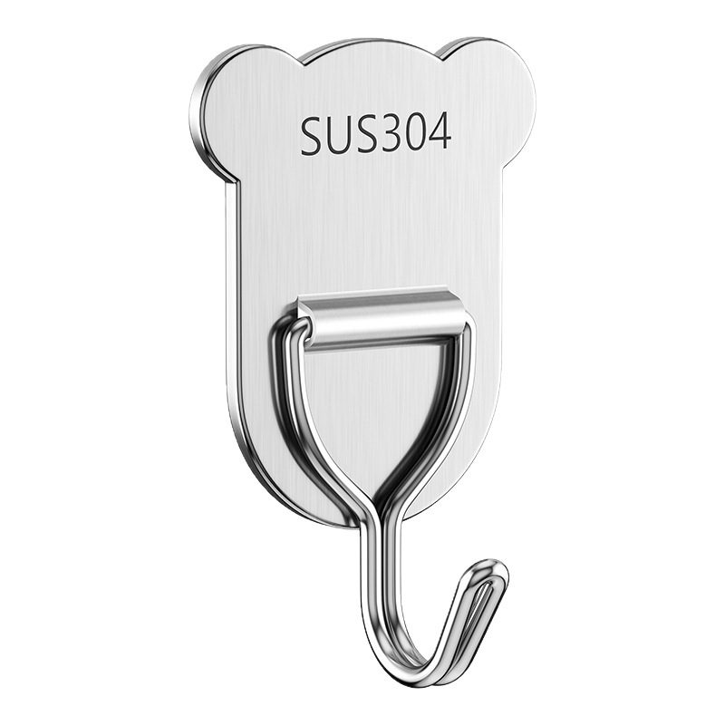 Cute Bear Stainless Steel Adhesive Hooks, Heavy Duty No Drill Wall Hooks, Waterproof Single Towel Hook for Kitchen, Bathroom, Bedroom - Brushed Silver