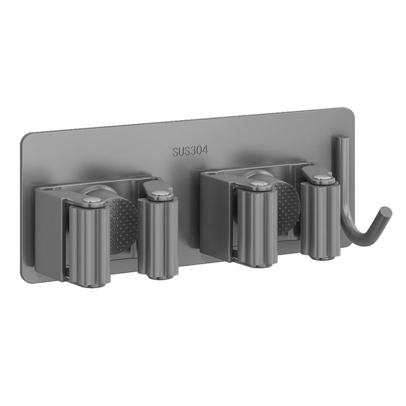 JDB13017-18 304 Stainless Steel Mop Holder Wall Mount, No-Drill Broom Gripper Organizer with Hooks, Heavy Duty Adjustable Mop Clip for Bathroom & Laundry Room (Silver / Matte Black / Gunmetal Gray)