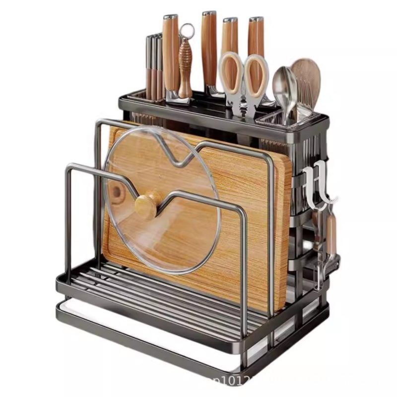 JDM-12011 Knife Block Organizer with Chopstick Holder & Cutting Board Rack, Wall Mounted or Countertop Kitchen Utensil Storage, Multi-Slot Knife Holder with Towel Bar, Heavy Duty Thickened Frame (White / Black / Grey)