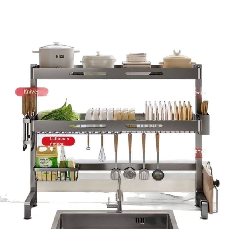 JDZ140012 Stainless Steel Over Sink Dish Drying Rack, 2-Tier Large Capacity Kitchen Organizer Shelf Adjustable Width 75/85/95CM, Gunmetal/ Brushed Finish, Rustproof Countertop Storage with Utensil Holder Cutting Board & Knife Rack, Space Saver for Kitchen Sink