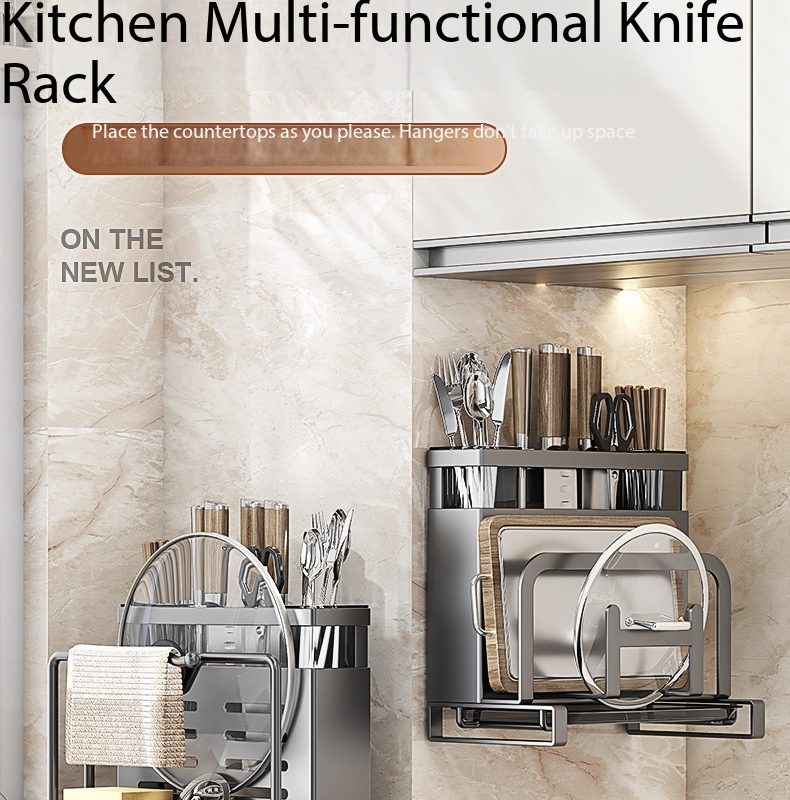 JDM12010 Knife Block Organizer 3.0, Multifunctional Kitchen Counter & Wall Mounted Storage Rack for Knives, Chopsticks, Cutting Boards & Pot Lids, Ventilated Hollow Design, Removable & Easy to Clean (Creamy White / Gunmetal Grey)