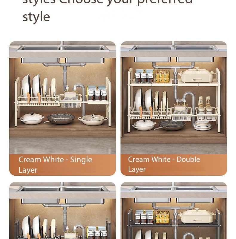 Expandable Under Sink Organizer Rack, JDM-12004 Heavy Duty Carbon Steel Shelf with M-Clip Extension, Adjustable Height Kitchen Storage for Pots, Pans & Dishes (White/Black, Single/Double Tier Options)